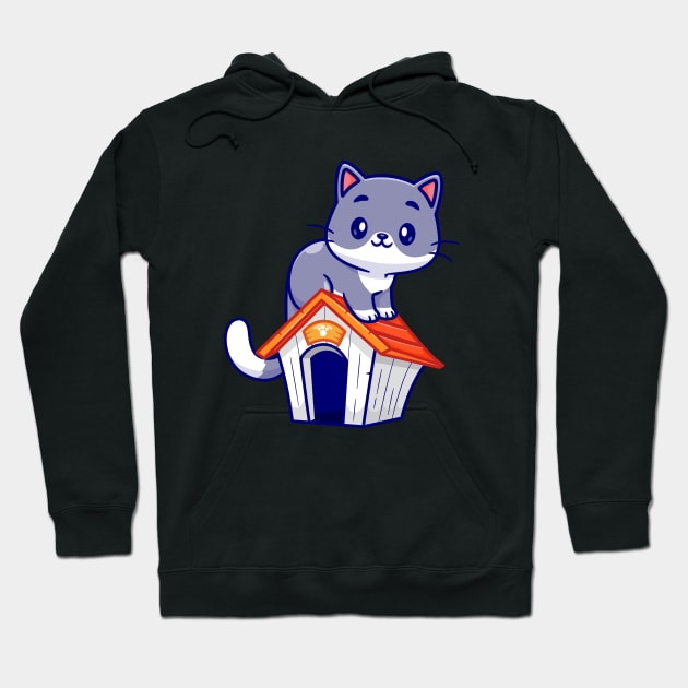 Cute Cat Sitting On Cat Cage Cartoon Hoodie by Catalyst Labs